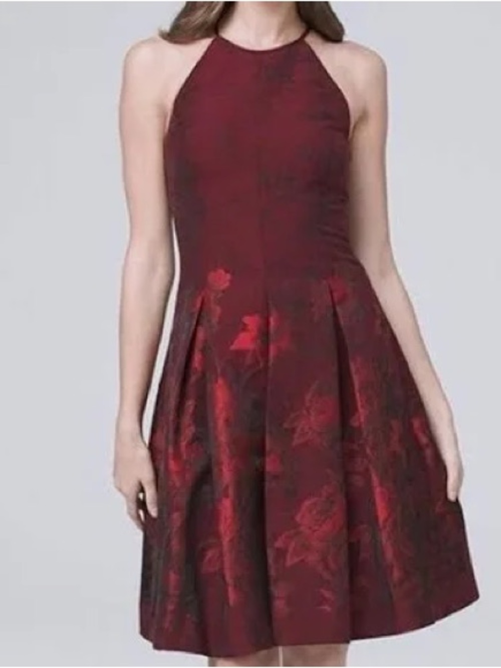 White House Black Market Burgundy Floral Jacquard Fit & Flare Dress Size 4 NWOT